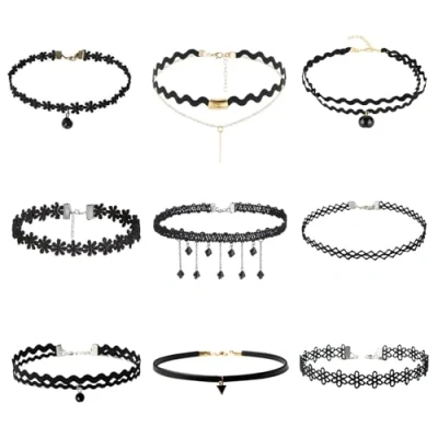 Immagine di SYEYCW 9 Pezzi Chocker, Gotiche Stili Diversi Girocollo con Lunghezza Regolabile, Choker in Velluto Adatte per Donne e Ragazze, Pizzo Collane Set, Ornamenti Moda Varie Occasioni
