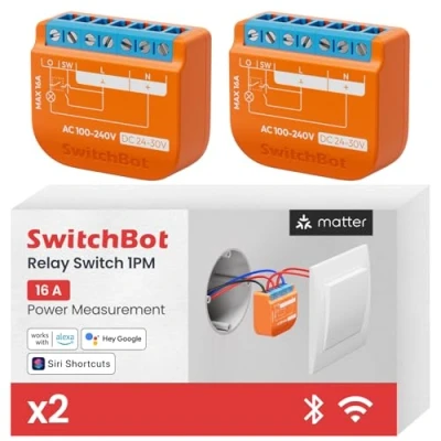 Immagine di SwitchBot Modulo Relè Intelligente con Ripetitore Bluetooth Integrato, Interruptore Wi Fi &amp; Compatibile Alexa/Apple HomeKit/Google Home, Interruttore 1PM 16A Confezione da 2