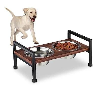 Immagine di Relaxdays Mangiatoia per Cani, con 2 Ciotole in Acciaio Inox da 750 ml, Legno di Mango e Ferro, Colore: Marrone/Nero, 70% 20% 10%