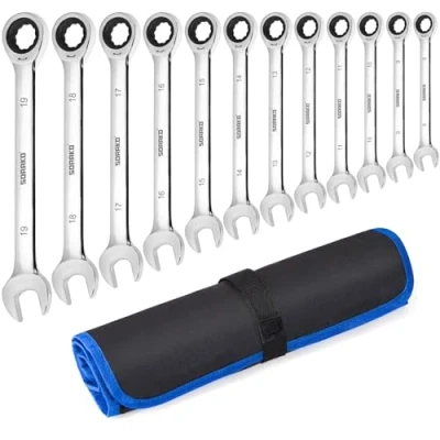 Immagine di SORAKO set di chiavi a cricchetto, 12 pezzi, combinate testa fissa, chiave combinata 72 denti, 8 19 mm, metrico standard