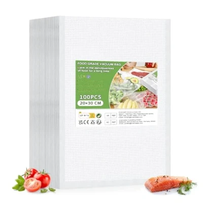 Immagine di Oderra 100 sacchetti sottovuoto per alimenti, 20 x 30 Cmsac congelazione sotto vuoto, utilizzati sigillatura e conservazione degli adatti macchine sottovuoto, bianco, pezzi