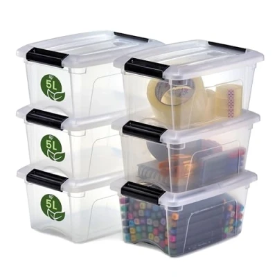 Immagine di Iris Ohyama, Scatola portaoggetti in plastica con coperchio, 5L, confezione da 6, trasparente, 100% riciclata, clip di chiusura, maniglia, impilabile, senza BPA, NTB 5