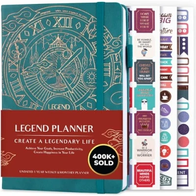 Immagine di Legend Planner Agenda settimanale e mensile senza date, per raggiungere i tuoi obiettivi vivere più felice, taccuino organizer, diario di produttività, donne uomini