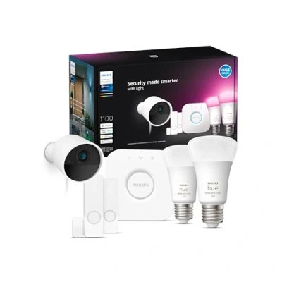Immagine di Hue Philips Secure Starter Kit con Telecamera Cablata, 2 Sensori di Contatto, Lampadine E26 White and Color Ambiance, Bridge Centro Controllo, Conversazione Bidirezionale, Bianco
