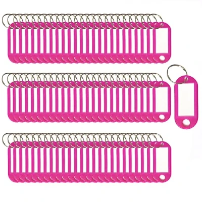 Immagine di 100 etichette portachiavi in plastica per chiavi, identificative, nome, identificative bagagli, con etichette, ad anello diviso, colore:rosso rosa