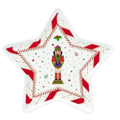 Immagine di Easy Life Piatto di natale a forma stella in porcellana con soldato schiaccianoci vintage &quot;Nutcracker Twist&quot; D19,5 cm