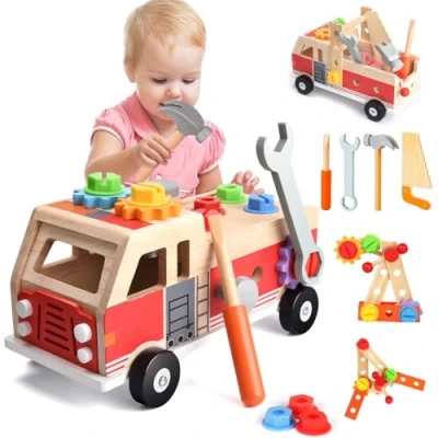 Immagine di Cassetta Attrezzi Bambini Giochi in Legno, da Lavoro Bambini,Attrezzi Giocattolo Bambini, Legno per Ragazzo Ragazza 2 3 4 Anni camion dei pompieri