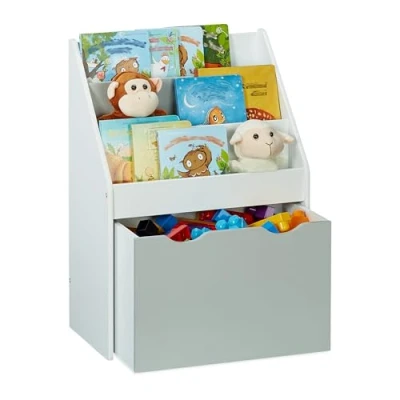 Immagine di Relaxdays Libreria per Bambini con 3 Ripiani e Cesta Portagiochi, HLP 70x50,5x28 cm, da Cameretta, in MDF, Bianco Grigio, Fibra di Legno