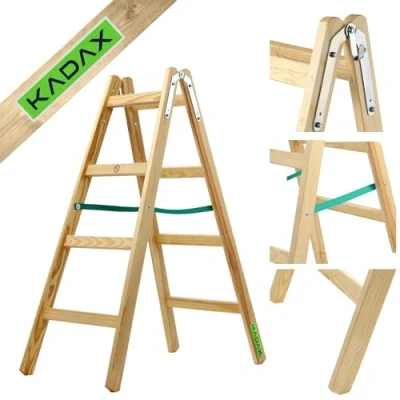 Immagine di KADAX Scala a Pioli Doppia in Legno di Pino Impregnato, Scaletta Pieghevole con Gancio Acciaio e Certificata EN 131, Fino 150 kg (4 Gradini)