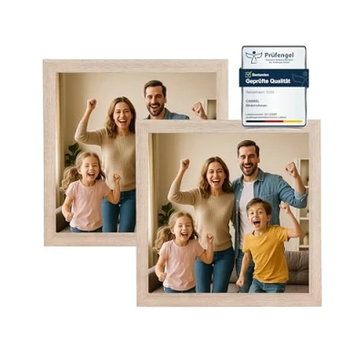Immagine di CABBEL cornice portafoto 25 x cm, in MDF, vetro acrilico infrangibile, naturale, confezione da 2 pezzi, quadrata appoggiare o appendere, moderna e stabile
