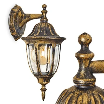 Immagine di lampada da parete per esterni Ribadeo, esterno verso il basso in stile antico, fusione di alluminio nero/oro con vetri, E27, retro/vintage terrazza/cortile, senza lampadina/e
