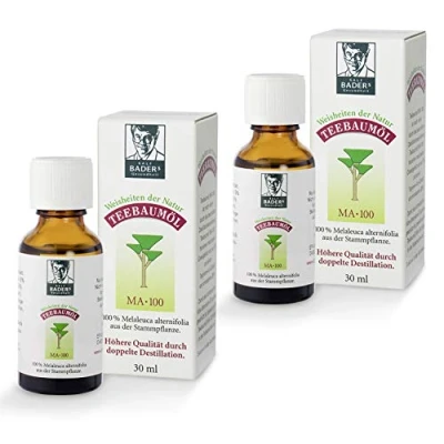 Immagine di BADERs dalla farmacia. Olio di albero del tè. Tea tree essential oil. 100% Melaleuca alternifolia. Doppia distillazione. 2 x 30ml