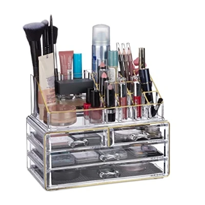 Immagine di Relaxdays Organizer Make up, Contenitore con Porta Rossetti 4 Cassetti Acrilico, Beauty Box Salvaspazio, Trasparente Oro