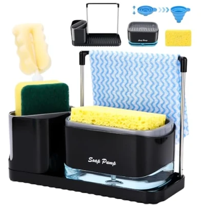 Immagine di Set con Dispenser di sapone da cucina nero, 4 in 1 mano e piatto set, per lavello Countertop Storage Organizer