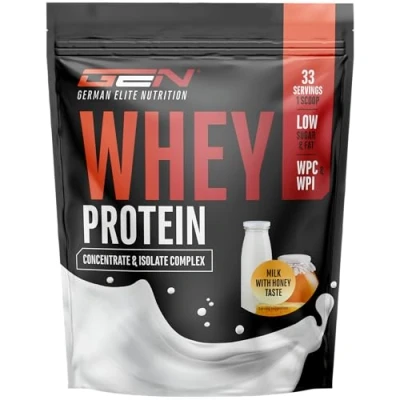 Immagine di Whey Proteine Complesso 1000 g (Latte con miele) contenuto isolato in polvere solubili istantanee BCAA ed EAA German Elite Nutrition