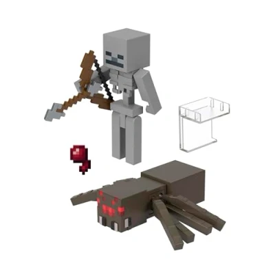 Immagine di Mattel Minecraft Set da 2 personaggi Scheletro Guerriero e Ragno, action figures alte 8+ cm con accessori inclusi, design pixelato ispirato al videogioco, giocattolo per bambini, 6+ anni, HLB29