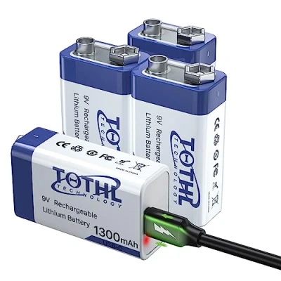 Immagine di TQTHL Batterie ricaricabili 9V, batteria 9V 9Volt 1300mAh a lunga durata per tutti gli usi con cavo di ricarica USB 2 in 1 (4 PCS), aggiornamento 2022
