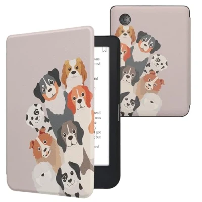 Immagine di kwmobile Custodia eReader Compatibile con Kobo Clara 2E Cover eBook Reader Flip Case marrone/bianco/marrone grigio Cani Divertenti