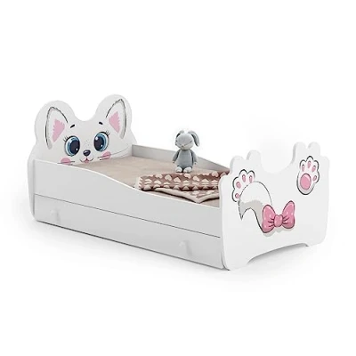 Immagine di KOBI Letto per Bambini con Sponde ANIMALI Bianco Gatto Rosa Lettino Bambina Cassetto 160 x 80 CM Bambino Materasso Lettini una Ragazza un Ragazzo Bimbo Singolo