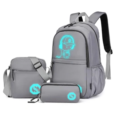 Immagine di KONO Zaino Luminoso da Scuola 3 in 1 Set, Borsa a Tracolla e Astuccio per Ragazzi, Laptop 15.6&quot; Studenti Adolescenti Ragazze (Grigio)