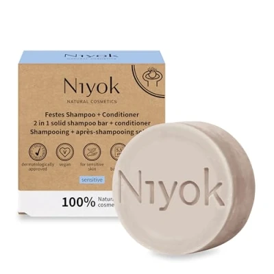 Immagine di Niyok® Shampoo solido 2 in 1 + Balsamo &quot;Sensitiv&quot; (80 g) sensibile senza profumo per capelli contro le irritazioni e il cuoio capelluto stressato Sapone