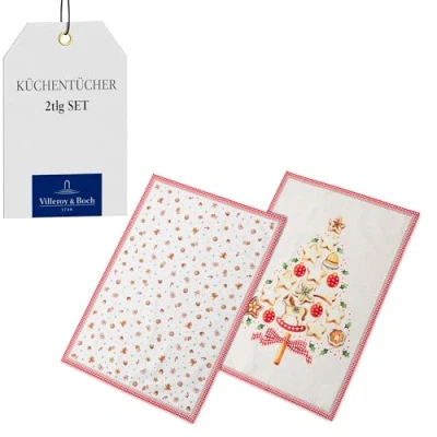Immagine di Villeroy &amp; Boch Winter Bakery Delight Canovaccio da Cucina 2 Pezzi, per Piatti con Motivi Natalizi in Cotone, Multicolore, 50 X 70 cm