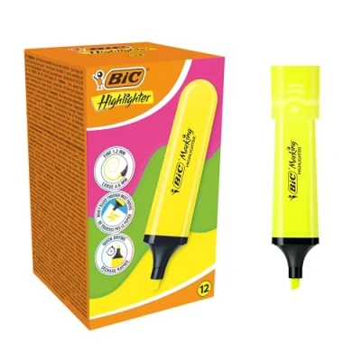 Immagine di BIC Marking Flat Highlighter evidenziatori con punta smussata modulare (1,2 mm 4,6 mm) Giallo Neon, confezione da 12