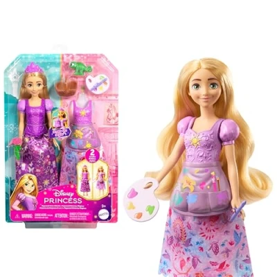 Immagine di Mattel Disney Princess Rapunzel 2 storie in 1, bambola alla moda ispirata al film con look completi intercambiabili e 9 accessori inclusi, giocattolo per bambini, 3+ anni, JBG09