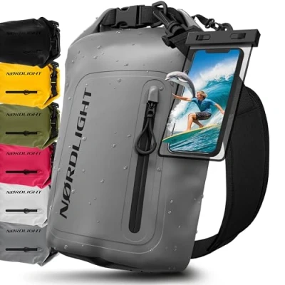 Immagine di Nordlight Dry Bag Sacca Impermeabile + Custodia per Cellulare Chiusura Arrotolabile, Tracolla Zaino Stagna Borsa Spiaggia, Canoa, SUP, Immersioni Grigio, 10 Litri