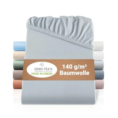 Immagine di BaSaTex Lenzuolo con angoli elasticizzati in jersey biologico, 120 x 200 cm, 100% cotone certificato GOTS, colore: grigio chiaro
