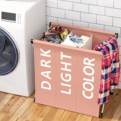 Immagine di BAKAJI Cesto Porta Biancheria Sporca Portabiancheria 3 Scomparti Struttura in Metallo Pieghevole e Sacco Tessuto Decorazione Sritta Contenitore Salvaspazio con Coperchio 64 x 38 62 cm (Taupe)
