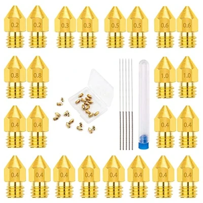 Immagine di MMOBIEL 24 pz. Ugelli estrusore per Stampante 3D MK8 Ottone da 0.2/0.3/0.4/0.5/0.6/0.8/1.0mm Compatibile con Creality Ender 3 Series, 5 CR 10/10S, Makerbot, Anet A8 e Aghi Pulizia