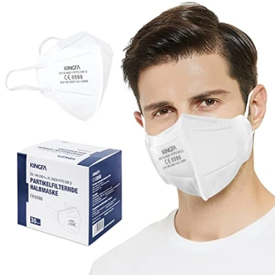 Immagine di KINGFA Maschera FFP2 certificata CE dalla Germania, bassa resistenza respiratoria, 20% più lunghi, porta occhiali, 30 pezzi, bianco