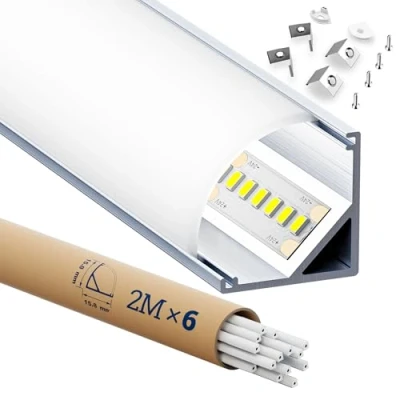 Immagine di HOOLED Profilo Alluminio per Strisce LED 2m x 6pz, Angolo di 45 Gradi Profili Dimensioni 15.8mm 15.8mm, Con coperchio in PC opaco e lattiginoso, Supporta da 10mm larghezza