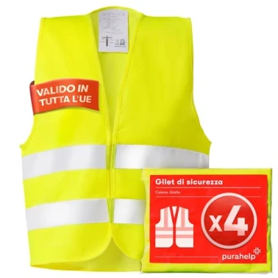 Immagine di PURAHELP Set di 4 Gilet Alta visibilità Riflettenti Auto Conforme alla Normativa EN ISO 20471 Sicurezza Giallo Protezione per Adulti