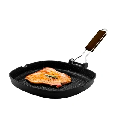 Immagine di Zanetti, Bistecchiera 28 x cm, Piastra Grill in Alluminio Pressofuso ad Alto Spessore, adatta ai Piani Induzione, Manico Pieghevole