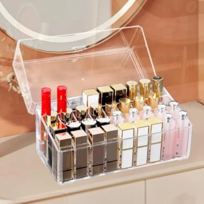 Immagine di LPAMABA Organizer per Rossetti a 36 Griglie, Scatola Porta con Coperchio Antipolvere, Contenitore Elegante, Supporto e Espositore in Acrilico Trasparente