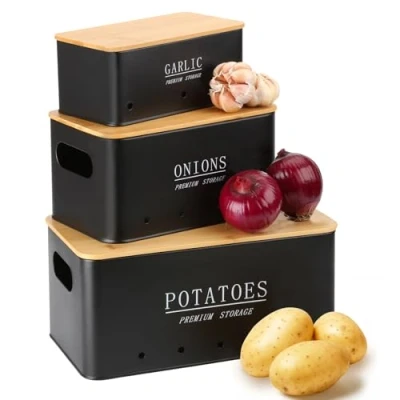 Immagine di Otauoaea Porta Patate Cipolle Aglio Set di 3 Contenitore e Cucina con Coperchio Fori Ventilazione Contenitori Salvaspazio Design Retrò Nero