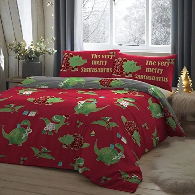 Immagine di Bedlam Santasaurus Set copripiumino natalizio con motivo Glow in the dark, per letto singolo, colore: rosso