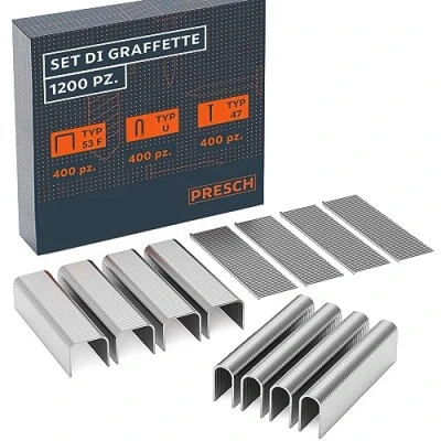 Immagine di Presch Set di Graffette e Chiodi per sparachiodi manuale, 1200 pezzi Include graffe tipo 53F (8mm), 47 (10mm) U (12mm) Punti metallici, graffettatrice