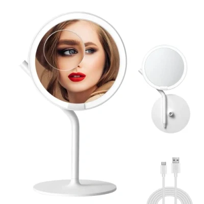 Immagine di AMIRO Specchio per il trucco illuminato a led da 8,5&quot;con luminosità 5 livelli, Touch Control, Rotazione di 180 (specchio in plastica bianco)