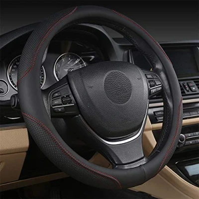 Immagine di coofig Coprivolante per Auto, in Pelle PU Microfibra Universale 15 Pollici,Resistente,Adatto Camion, SUV,Traspirante, Antiscivolo, Uomini e Donne (Nero rosso 4)