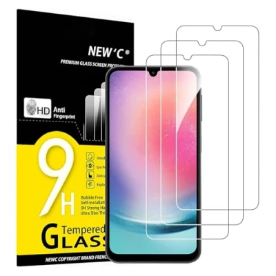 Immagine di NEW&#039;C 3 Pezzi, Vetro Temperato per Samsung Galaxy A24 4G, Pellicola Prottetiva, Senza Bolle, Durezza 9H, 0,33mm Ultra Trasparente, Resistente.