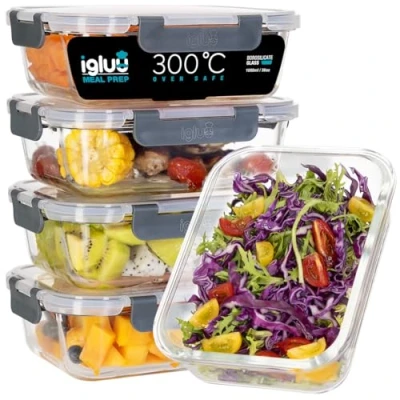 Immagine di Igluu Meal Prep Contenitori in vetro con coperchio (confezione da 5) per la preparazione dei pasti lavabili nel microonde, forno, congelatore e lavastoviglie (1050 ml 36 once)