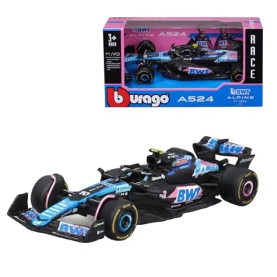 Immagine di Bburago Formula 1 Alpine A524 versione giapponese (2024): modellino auto in scala 1:43, modello speciale, driver #10 Pierre Gasly, Window Box, 12,5 cm, blu rosa (18 38219G1)