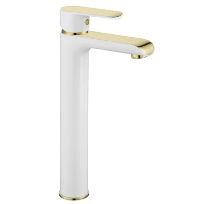 Immagine di Rea BLOOM rubinetto LAVABO ALTO in ORO BIANCO Miscelatore da bagno ottone monocomando regolabile caldo e freddo (bianco/oro)