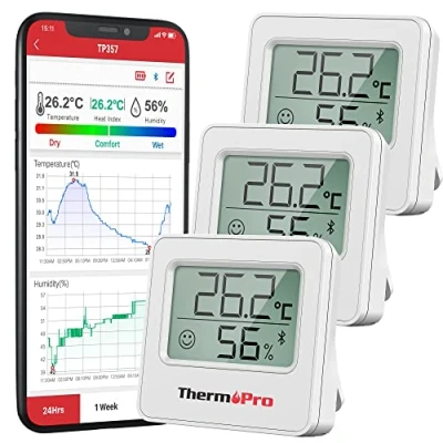 Immagine di ThermoPro TP357 Termometro per Ambienti Interni Bluetooth Igrometro Misuratore di Umidità e Monitor Della Temperatura con APP Intelligente Registrazione dei Dati Camera del Bambino 3 pezzi