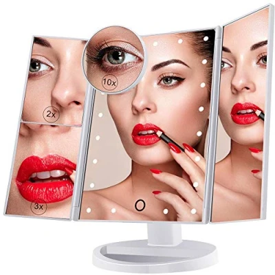 Immagine di Specchio per il Trucco Illuminato, Cosmetico Vanità a 21 Luci LED, Touch Screen Con Ingrandimento Triplo 2X 3X 10X, Rotazione Libera di 180 , Doppio Alimentatore Bianco