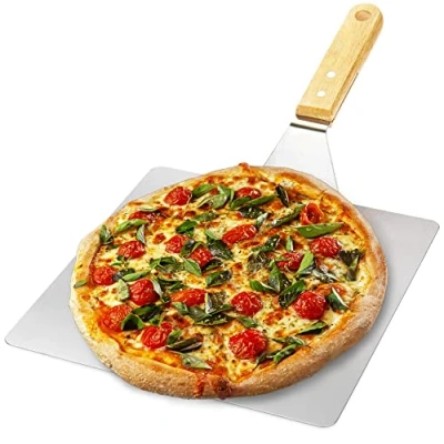 Immagine di COM FOUR® pala pizza in acciaio inox per e torta con manico legno spingipizza pizza, tarte flambée, panini pane (argento/marrone angolare)