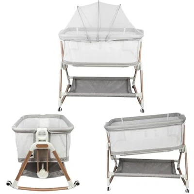Immagine di HUOLE Culla Fianco Letto, Lettino co sleeping per Neonati, Regolabile in 6 Posizioni di Altezza, con Ruote Girevoli a 360, Cestello Portaoggetti e Zanzariera 96 * 60 90 115 cm grigio
